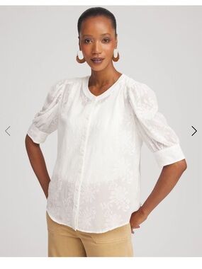 Chico's White Floral Embroidered Puff-Sleeve Button Front Top